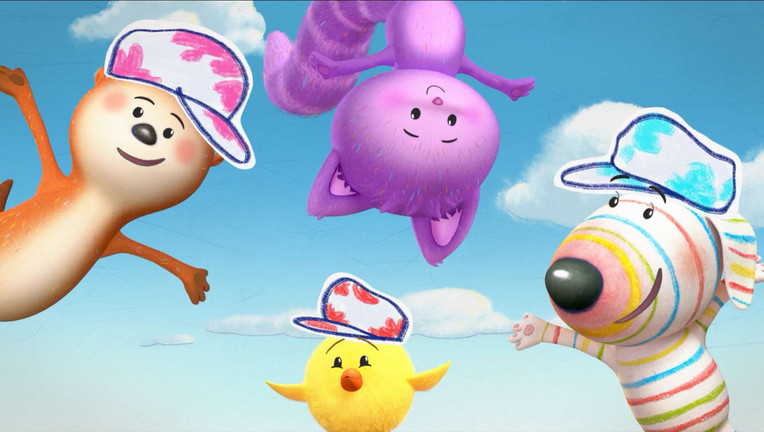 Heute sind Ozzy (l.), Daisy (o. M.), Dylan (r.) und Bitsy (u. M.) Maler, die ein Haus streichen wollen.
ZDF/2024 9 Story Media Group Inc.