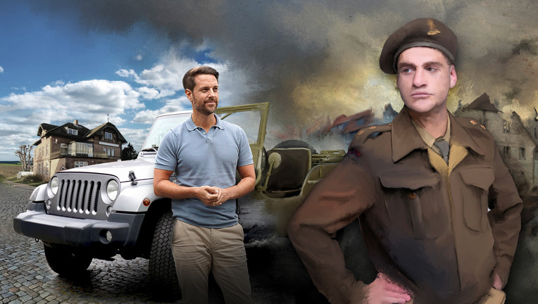 BU: "Roadtrip 1945" zeigt die Reise des jüdischen Soldaten Freddie Gray quer durch Trümmerdeutschland auf der Suche nach seinen  Eltern. Terra-X-Host Mirko Drotschmann folgt seinen Spuren.

Copyright: ZDF/Paul's Boutique