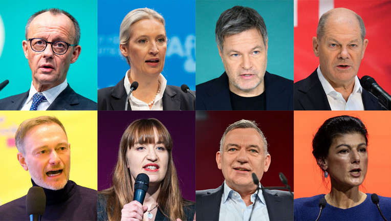 Friedrich Merz, Alice Weidel, Robert Habeck und Olaf Scholz. Unten von links nach rechts: Christian Lindner, Heidi Reichinnek, Jan van Aken und Sahra Wagenknecht.
Copyright: picture alliance/dpa