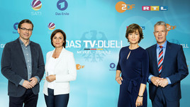 <br>Zwei Moderatorenpaare für „Das TV-Duell: Merkel – Schulz“: Claus Strunz (ProSieben/SAT.1) und Sandra Maischberger (ARD) sowie Maybrit Illner (ZDF) und Peter Kloeppel (RTL)<br>Copyright: ZDF/Thomas Kierok